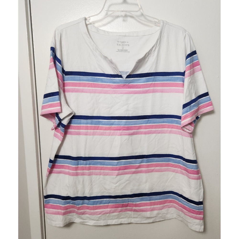 Talbots Tee White Pink Blue Striped Split Neck Short Sleeve Shirt Cotton 2XL